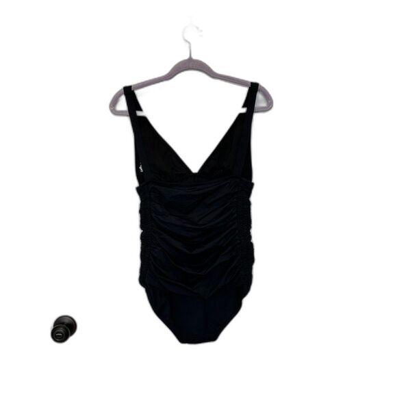 DKNY Black Ruched Sides V-Neck One Piece Swimsuit Size 14 - Picture 2 of 9